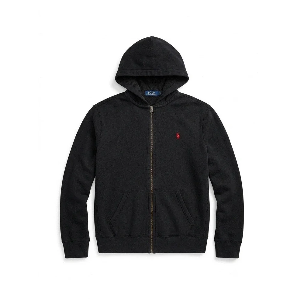 Polo Ralph Lauren Hoodie Men Black Size XL FULL-ZIP Red Pony Logo Fleece Cotton